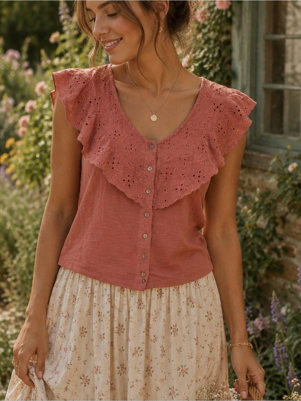 American Eagle Rust Eyelet Ruffle Crop Top M Boho Peasant